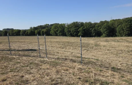 Fertig montierte Gittermatten der Umzäunung vor Waldrand, Solarpark Mulfingen im Hohenlohekreis, Baden-Württemberg