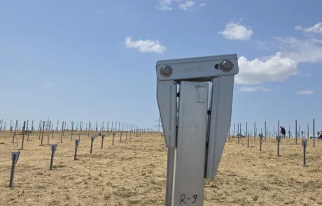 Rammpfosten mit Pfostenkopf des Winkelsystems und Reihenmarkierung, Pfostenfeld der PV-Anlage Mulfingen I, Baden-Württemberg