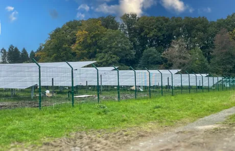 Blick entlang der Zaunlinie mit Modulreihen im Hintergrund